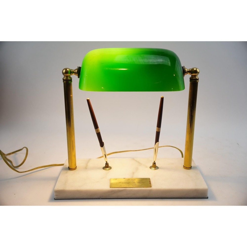 Vintage Bankers Lamp Green Glass Shade Marble Base Dual‎ Pen Holder Desk Light